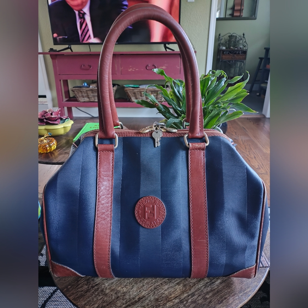 Authentic Vintage Fendi Penguin Satchel Navy and Brown Striped Handbag
